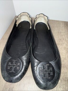 Tory Burch Black Leather Logo Ballet Flats